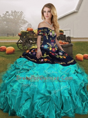 Classical Off The Shoulder Sleeveless Lace Up Quince Ball Gowns Blue And White Organza