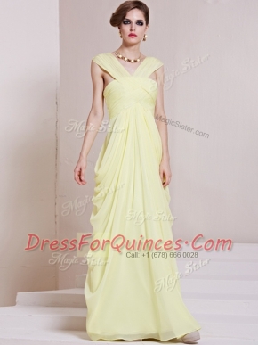 Light Yellow V-neck Criss Cross Ruching Evening Dress Sleeveless