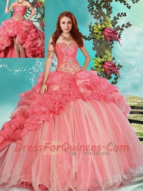 Modest Beaded and Ruffled Coral Red Detachable Quinceanera Dresses with Brush Train