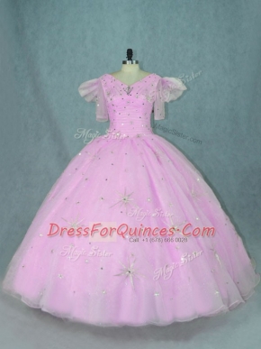 Shining Floor Length Lilac Quinceanera Gowns V-neck Short Sleeves Zipper