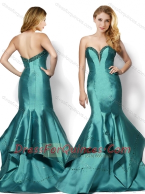 Wonderful Brush Train Mermaid Taffeta Beaded Top Prom Dress in Teal