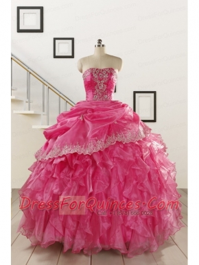 2015 Pretty Appliques and Ruffles Quinceanera Gowns in Hot Pink