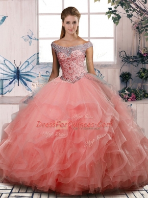 Floor Length Watermelon Red Quinceanera Dresses Off The Shoulder Sleeveless Lace Up