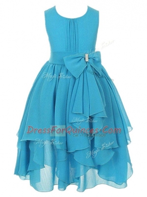 Aqua Blue Empire Chiffon Scoop Sleeveless Ruffles and Bowknot Asymmetrical Zipper Flower Girl Dresses for Less