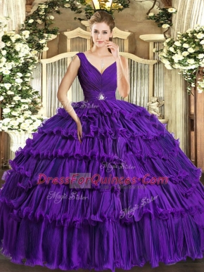 Organza V-neck Sleeveless Backless Beading and Ruffled Layers Quinceanera Dress in Purple