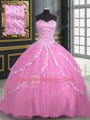 Rose Pink Sleeveless With Train Beading and Appliques Lace Up 15 Quinceanera Dress