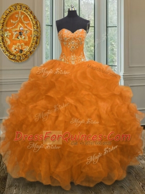 Cheap Floor Length Lace Up Sweet 16 Dresses Orange for Military Ball and Sweet 16 and Quinceanera with Beading and Embroidery and Ruffles