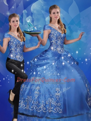 Sexy Cap Sleeves Organza Floor Length Lace Up Sweet 16 Dress in Blue with Beading and Embroidery