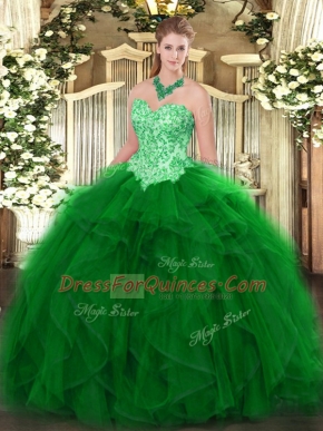Modest Floor Length Lace Up Quinceanera Dress Green for Military Ball and Sweet 16 and Quinceanera with Appliques and Ruffles