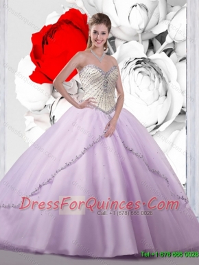 2015 Summer New Style Beaded White and Lavender Sweet 16 Dresses with Brush Train