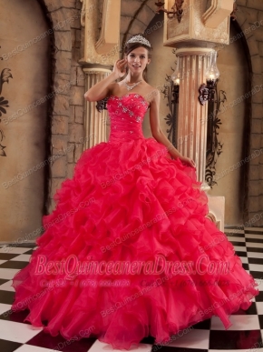 Wonderful Ball Gown Sweetheart Floor-length Ruffles Organza Coral Red Quinceanera Dress