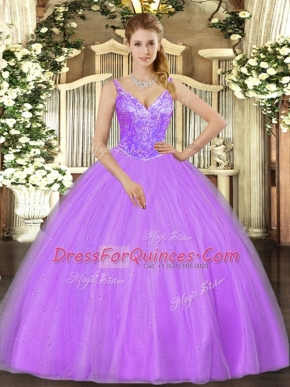V-neck Sleeveless Quinceanera Gowns Floor Length Beading Lavender Tulle
