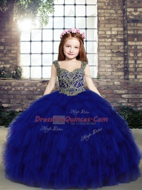 Excellent Sleeveless Beading and Ruffles Lace Up High School Pageant Dress with Royal Blue