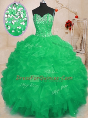 Turquoise Lace Up Sweet 16 Quinceanera Dress Beading and Ruffles Sleeveless Floor Length