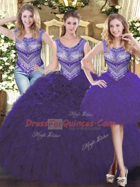 Purple Scoop Neckline Beading and Ruffles Quinceanera Gowns Sleeveless Lace Up
