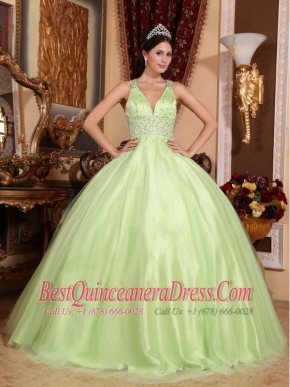 Yellow Green Ball Gown V-neck Floor-length Tulle and Taffeta Beading Quinceanera Dress