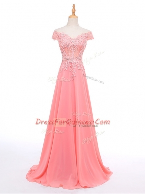 Gorgeous Short Sleeves Chiffon Floor Length Zipper in Watermelon Red with Lace and Appliques