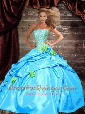 Inexpensive Strapless Beading and Flowers Aqua Blue Quincenera Dresses