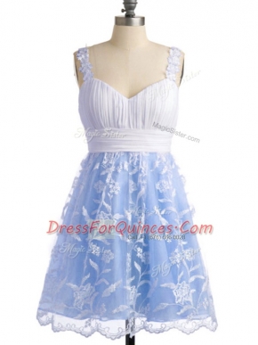 Glorious Light Blue Lace Lace Up Dama Dress for Quinceanera Sleeveless Knee Length Lace