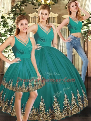 V-neck Sleeveless Tulle Ball Gown Prom Dress Embroidery Backless