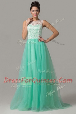 Decent Tulle Scoop Sleeveless Criss Cross Lace Prom Dress in Turquoise