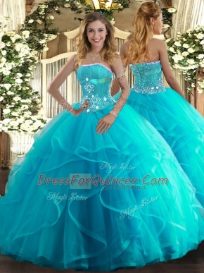 Best Selling Aqua Blue Ball Gowns Beading and Ruffles Sweet 16 Dresses Lace Up Tulle Sleeveless Floor Length