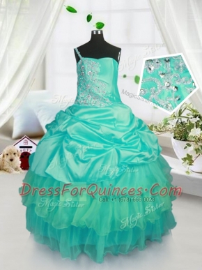 Beading and Ruffled Layers and Pick Ups Little Girls Pageant Dress Turquoise Lace Up Sleeveless Floor Length