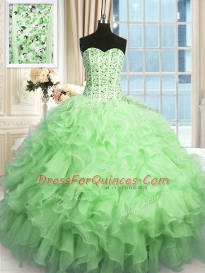 Apple Green Organza Lace Up Sweetheart Sleeveless Floor Length Quinceanera Dress Beading and Ruffles