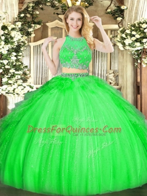 Low Price Green Two Pieces Scoop Sleeveless Tulle Floor Length Zipper Beading and Ruffles Quinceanera Gown