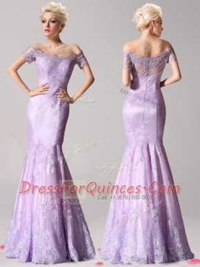 Low Price Mermaid Lavender Zipper Off The Shoulder Beading and Lace Evening Dress Lace Short Sleeves