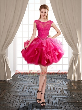 Decent Hot Pink Tulle Lace Up Scoop Cap Sleeves Mini Length Evening Dress Beading and Ruffles