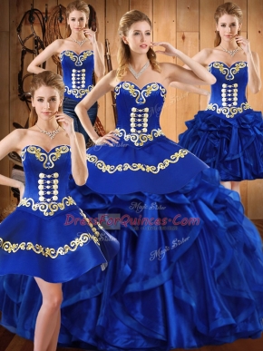 High Quality Royal Blue Organza Lace Up Sweet 16 Dress Sleeveless Floor Length Embroidery and Ruffles