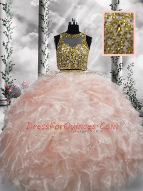 Floor Length Peach Sweet 16 Quinceanera Dress Organza Sleeveless Beading and Ruffles