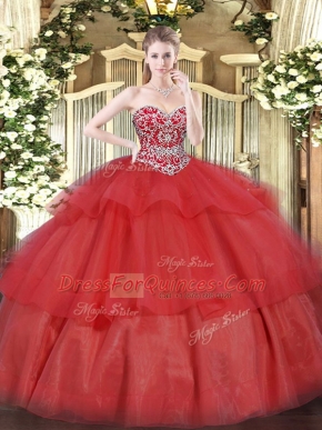 Excellent Red Sleeveless Beading and Ruffled Layers Floor Length 15 Quinceanera Dress