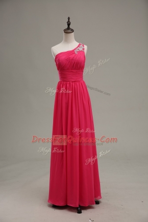 Most Popular Sleeveless Chiffon and Fabric With Rolling Flowers Floor Length Zipper Dress for Prom in Hot Pink with Beading and Ruching