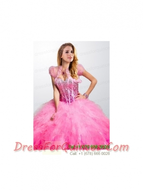 Elegant Pink Organza Open Front Quinceanera Jacket with Ruffels and Beading