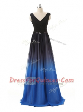 V-neck Sleeveless Floor Length Belt Blue And Black Chiffon and Tulle
