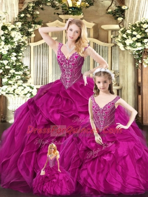 Excellent Fuchsia Ball Gowns Organza Straps Sleeveless Ruffles Floor Length Lace Up Sweet 16 Dress