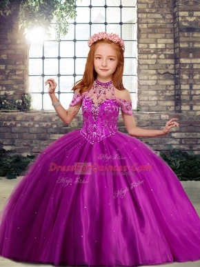 High-neck Sleeveless Little Girl Pageant Dress Floor Length Beading Fuchsia Tulle