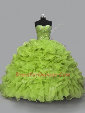 Sleeveless Organza Floor Length Lace Up 15 Quinceanera Dress in Yellow Green with Beading and Ruffles