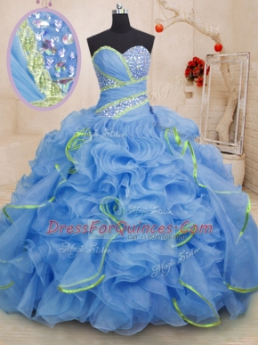 Blue Sweetheart Lace Up Beading and Ruffles Sweet 16 Dress Brush Train Sleeveless