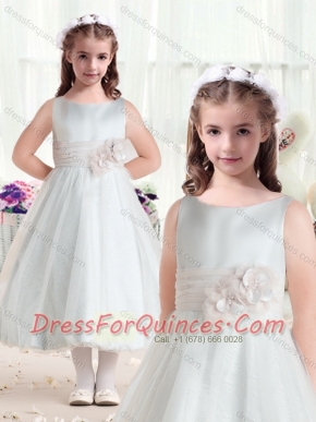 Fashionable Bateau Flower Little Girl Dress with Hand Made Flowers