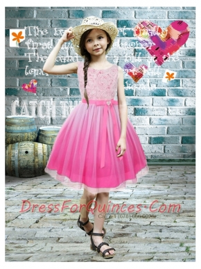 A-Line Knee-length Chiffon Pink Flower Girl Dresses with Ribbons