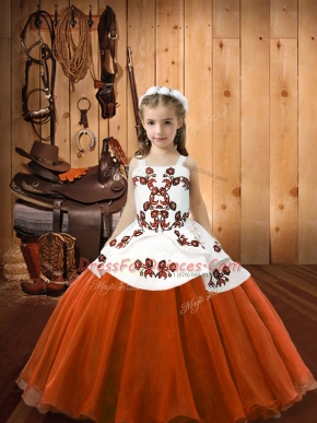 Orange Red Sleeveless Floor Length Embroidery Lace Up Little Girl Pageant Gowns