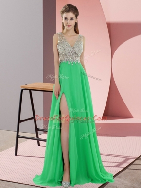 Ideal Green Chiffon Zipper Prom Gown Sleeveless Sweep Train Beading