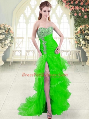 Free and Easy Green Sleeveless Brush Train Beading and Ruffled Layers Prom Gown