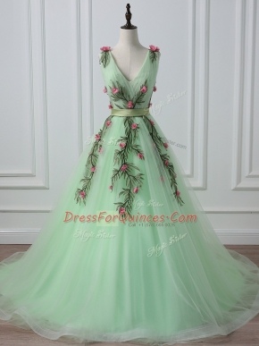 V-neck Sleeveless Court Train Lace Up Dress for Prom Apple Green Tulle