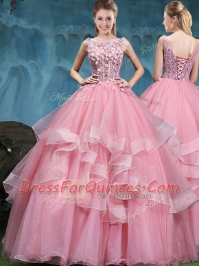 Modern Baby Pink Quinceanera Gown Military Ball and Sweet 16 and Quinceanera and For with Lace and Appliques and Ruffles Scoop Sleeveless Lace Up
