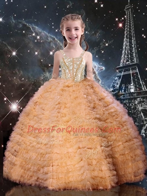 Straps Sleeveless Little Girls Pageant Gowns Floor Length Beading and Ruffled Layers Orange Red Tulle