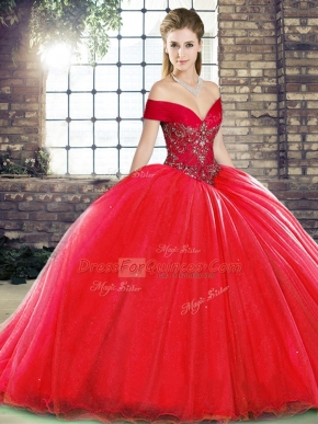 Latest Red Organza Lace Up Off The Shoulder Sleeveless Quinceanera Dresses Brush Train Beading